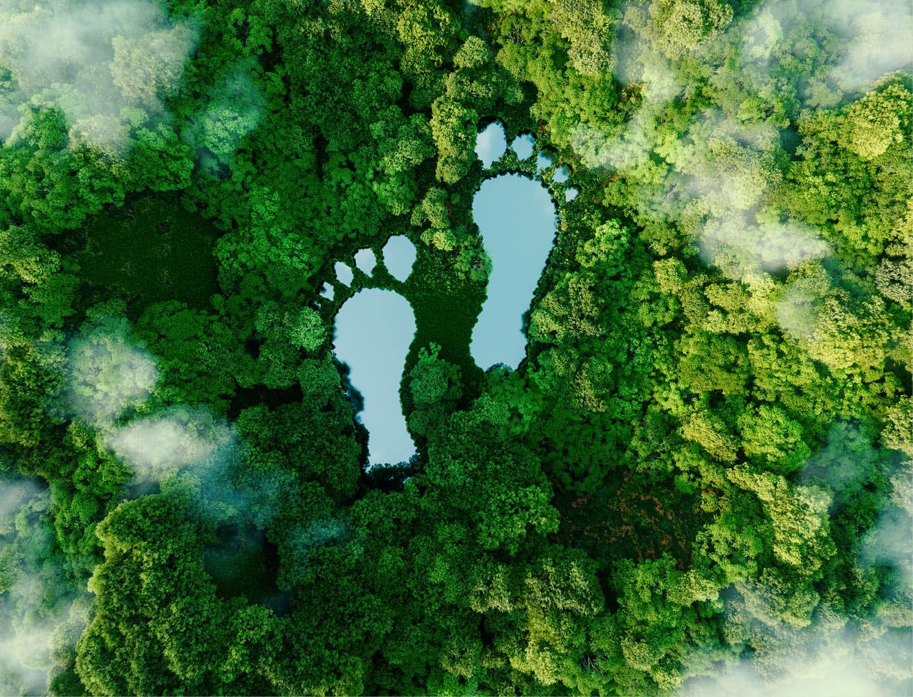 A lake in the shape of human footprints in the middle of a lush forest as a metaphor for the impact of human activity on the landscape and nature in general. 3d rendering.