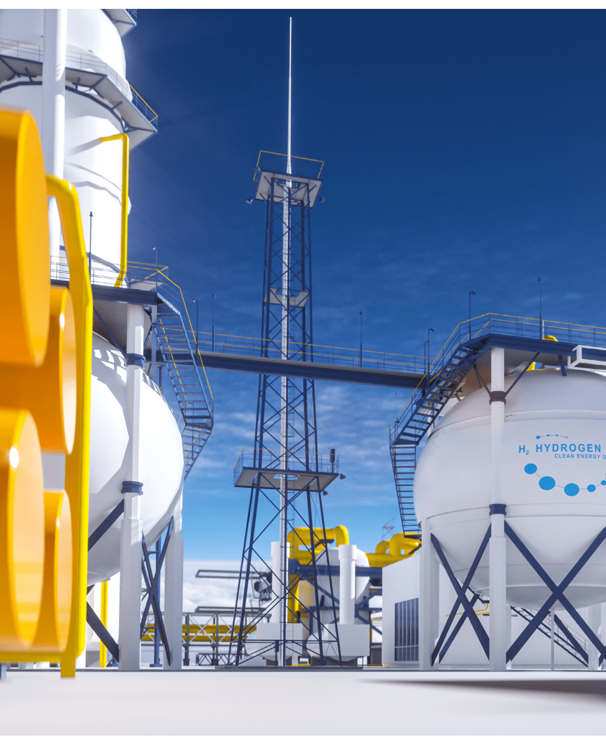 Hydrogen renewable energy production - hydrogen gas for clean electricity solar and windturbine facility. 3d rendering.