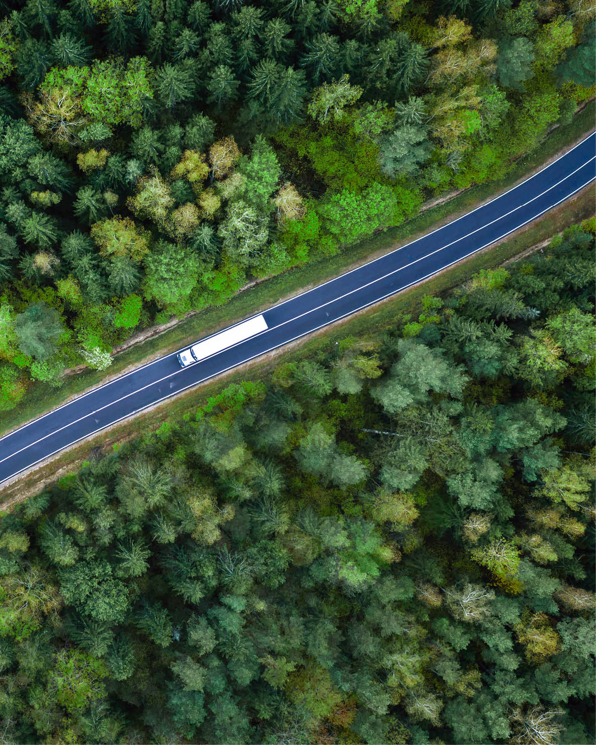 Arial view of heavy truck on a narrow twisting road. Autumn colorful trees by the sides of the road.