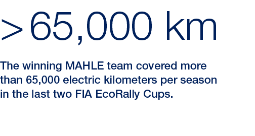  65,000 km,The winning MAHLE team covered more than 65,000 electric kilometers per season in the last two FIA EcoRal...