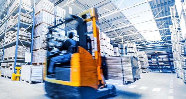 Forklift loader in storage warehouse ship yard. Distribution products. Delivery. Logistics. Transportation. Business background