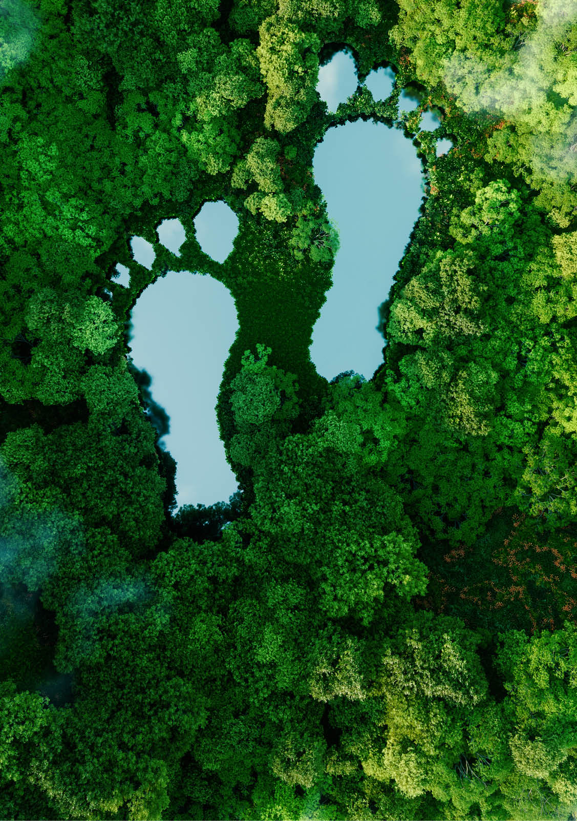 A lake in the shape of human footprints in the middle of a lush forest as a metaphor for the impact of human activity on the landscape and nature in general. 3d rendering.