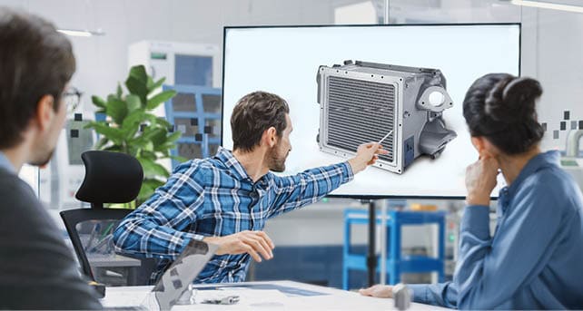 Modern Factory Office Meeting Room: Diverse Team of Engineers, Managers and Investors Talking at Conference Table, Use Interactive TV, Analyze Sustainable Energy Engine Blueprints. High-Tech Facility