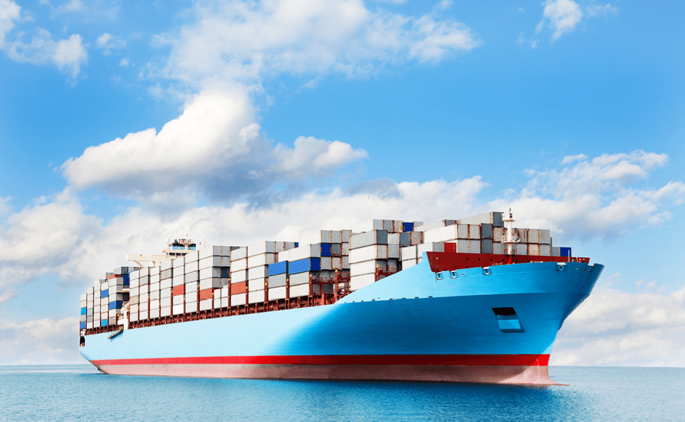 Large container carrier is at sea.