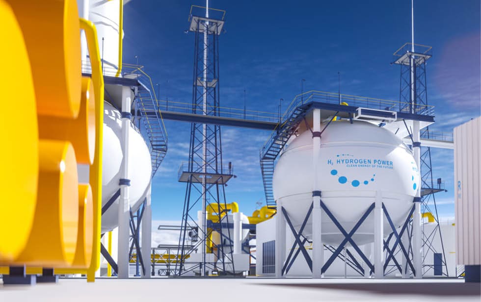 Hydrogen renewable energy production - hydrogen gas for clean electricity solar and windturbine facility. 3d rendering.